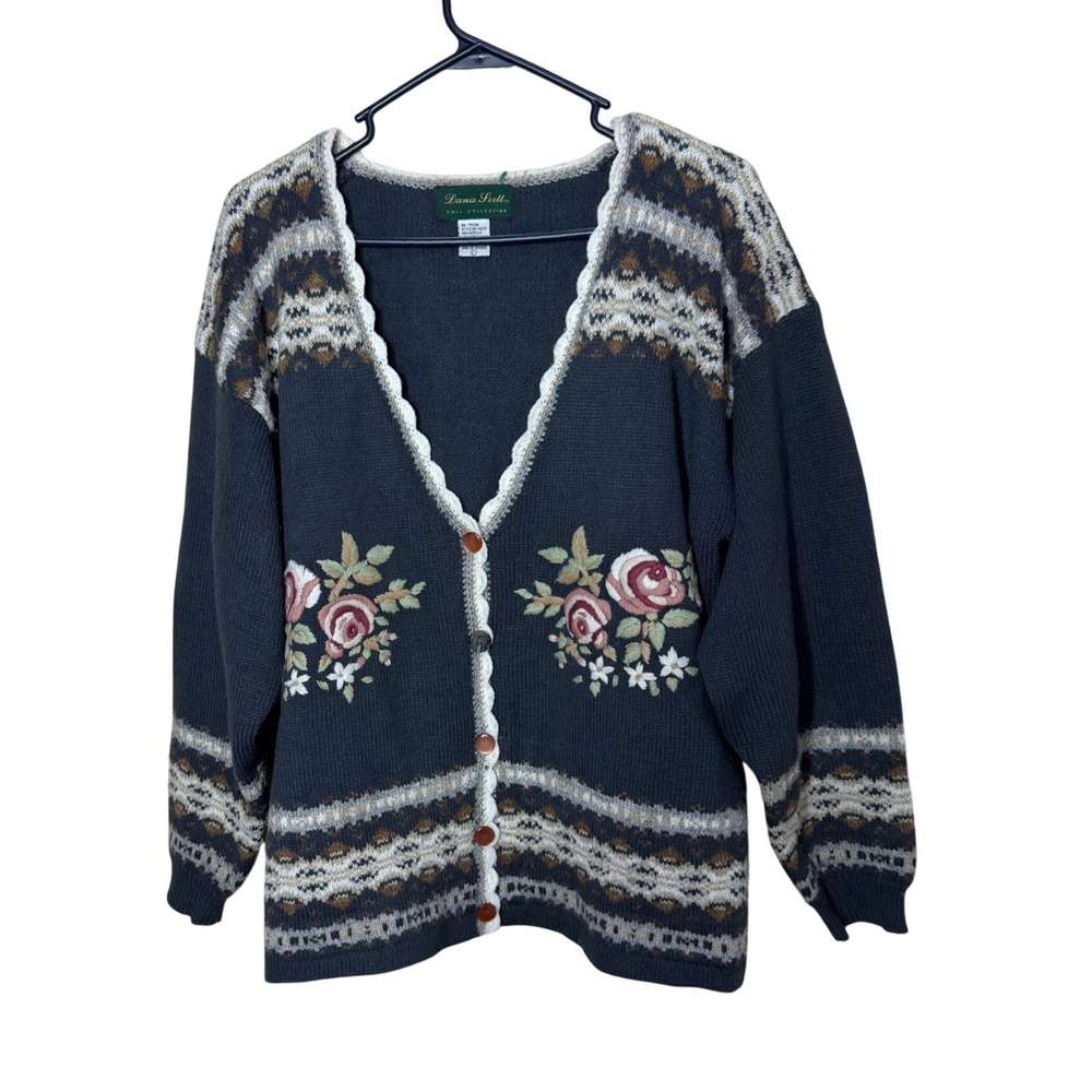 Dana Scott Vintage Embroidered Floral Cardigan Grey Large